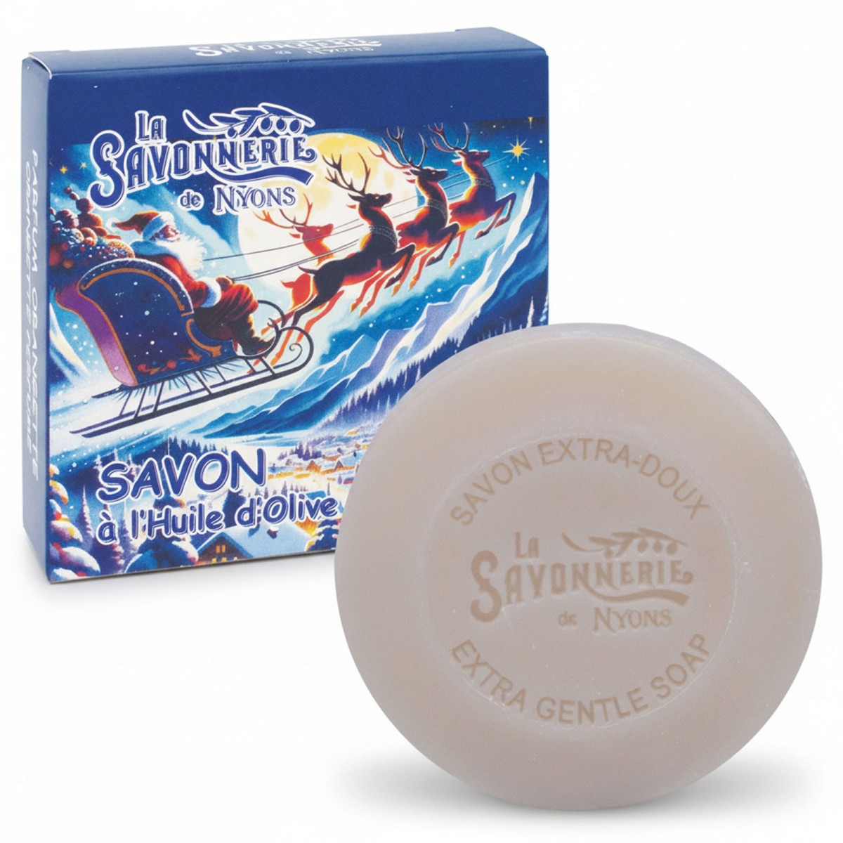 Круглое мыло с карамелью с апельсином в картонной коробке Санки 100 гр