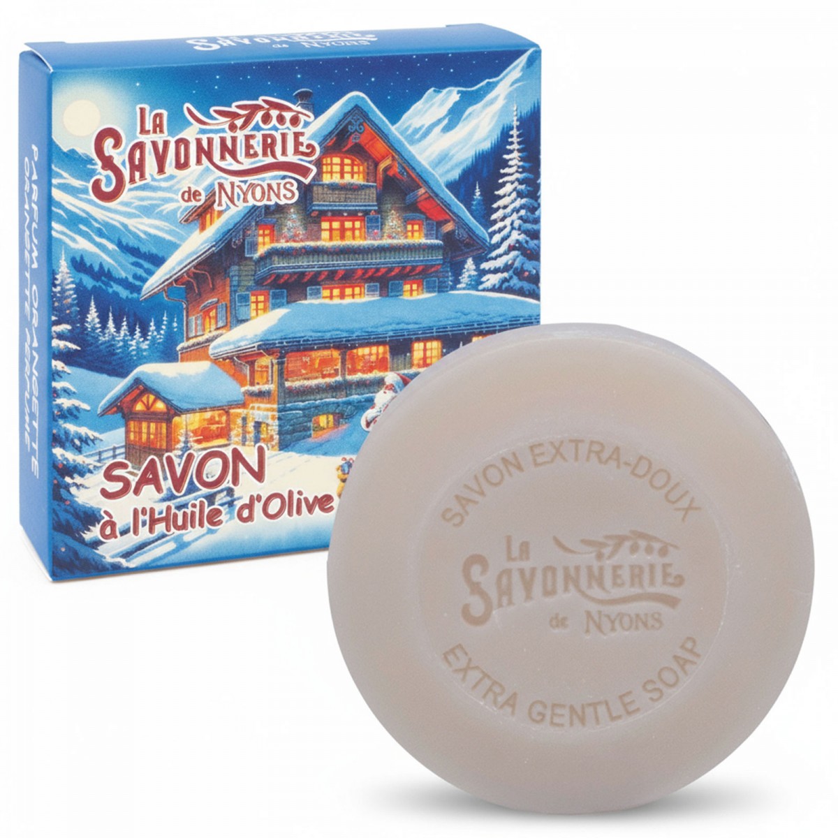 Круглое мыло с карамелью и апельсином в картонной коробке Дед Мороз у порога 100 г